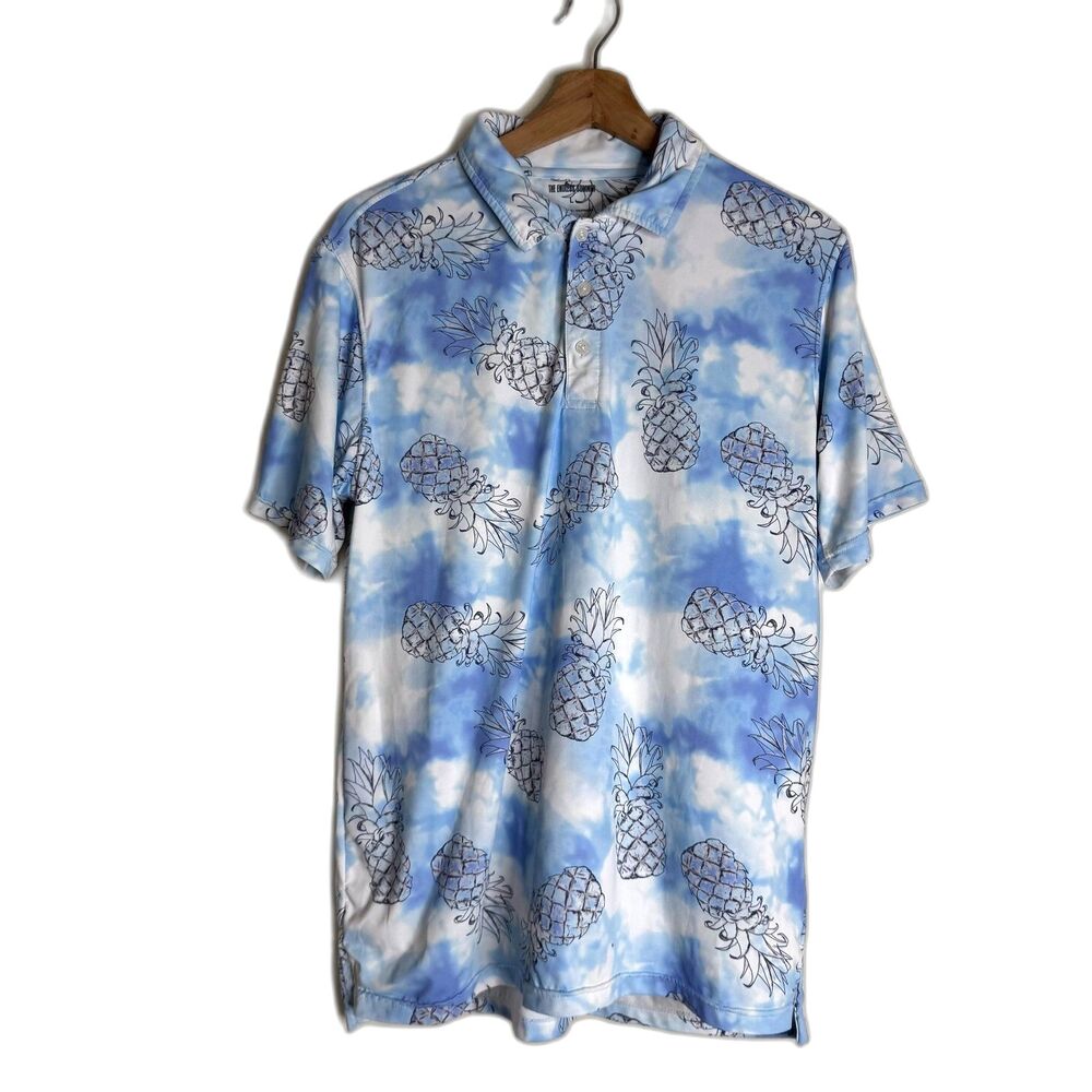 The Endless Summer Polo Shirt Mens Large Blue White Pineapple Print Stretch